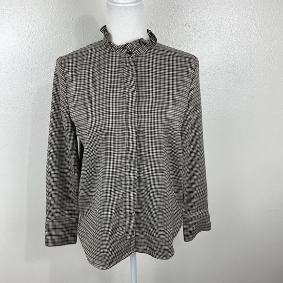 Maison de Roem Button Up Top Women Medium Black Houndstooth Long Sleeve Ruffled - Picture 15 of 15